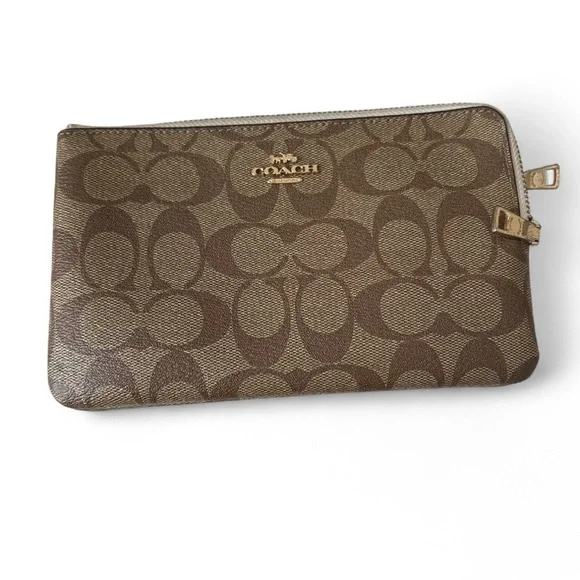 Coach Signature Brown Monogram Pouch Wristlet (No Strap) Double Zip Pouch 8x5” - Picture 1 of 8